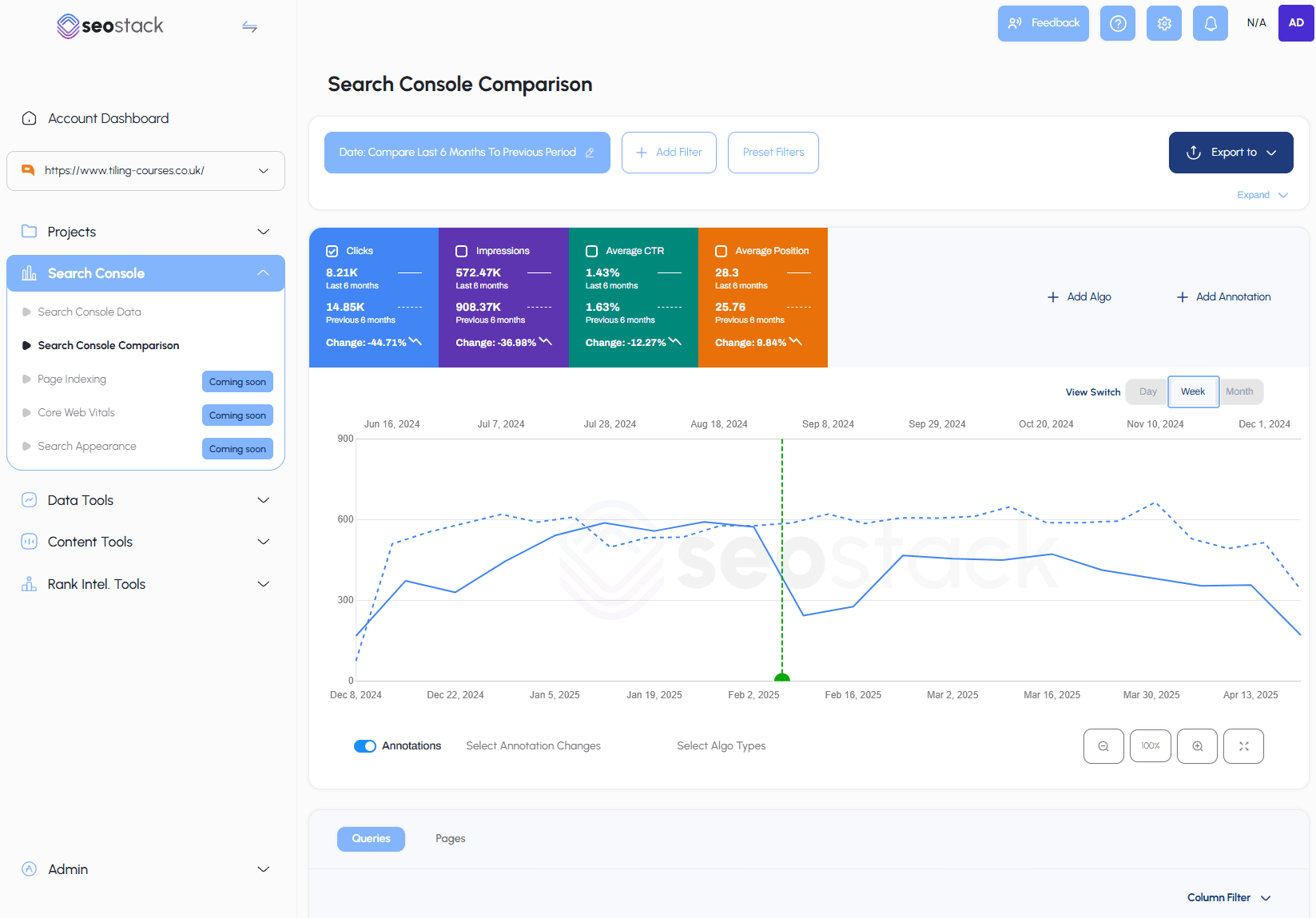 SEO Stack comparison interface showing unlimited data comparison