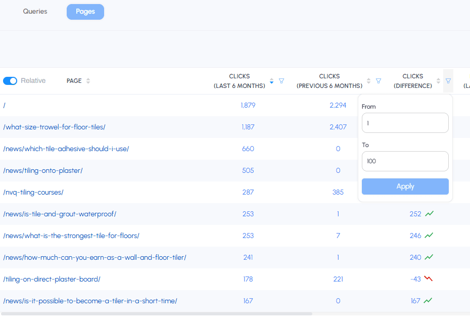 SEO Stack advanced filtering options for comparison data