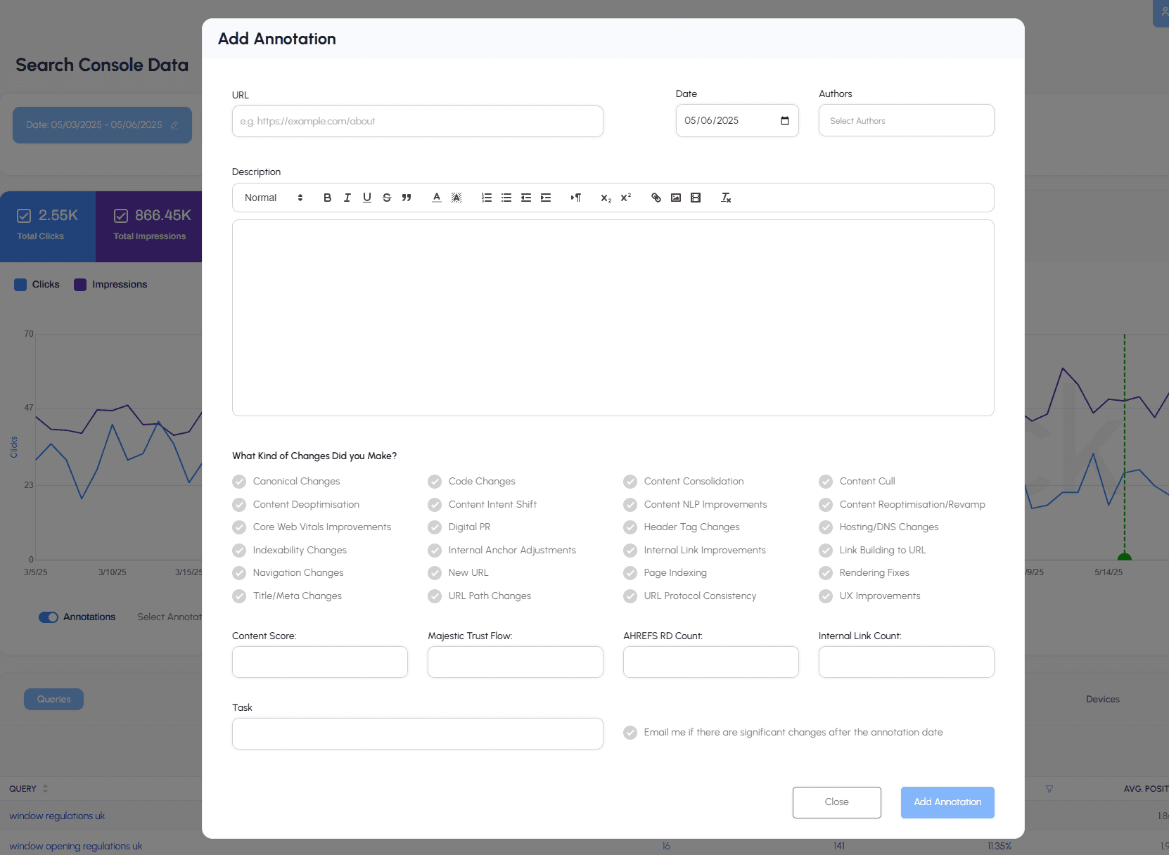 AI Annotation interface for tracking SEO changes